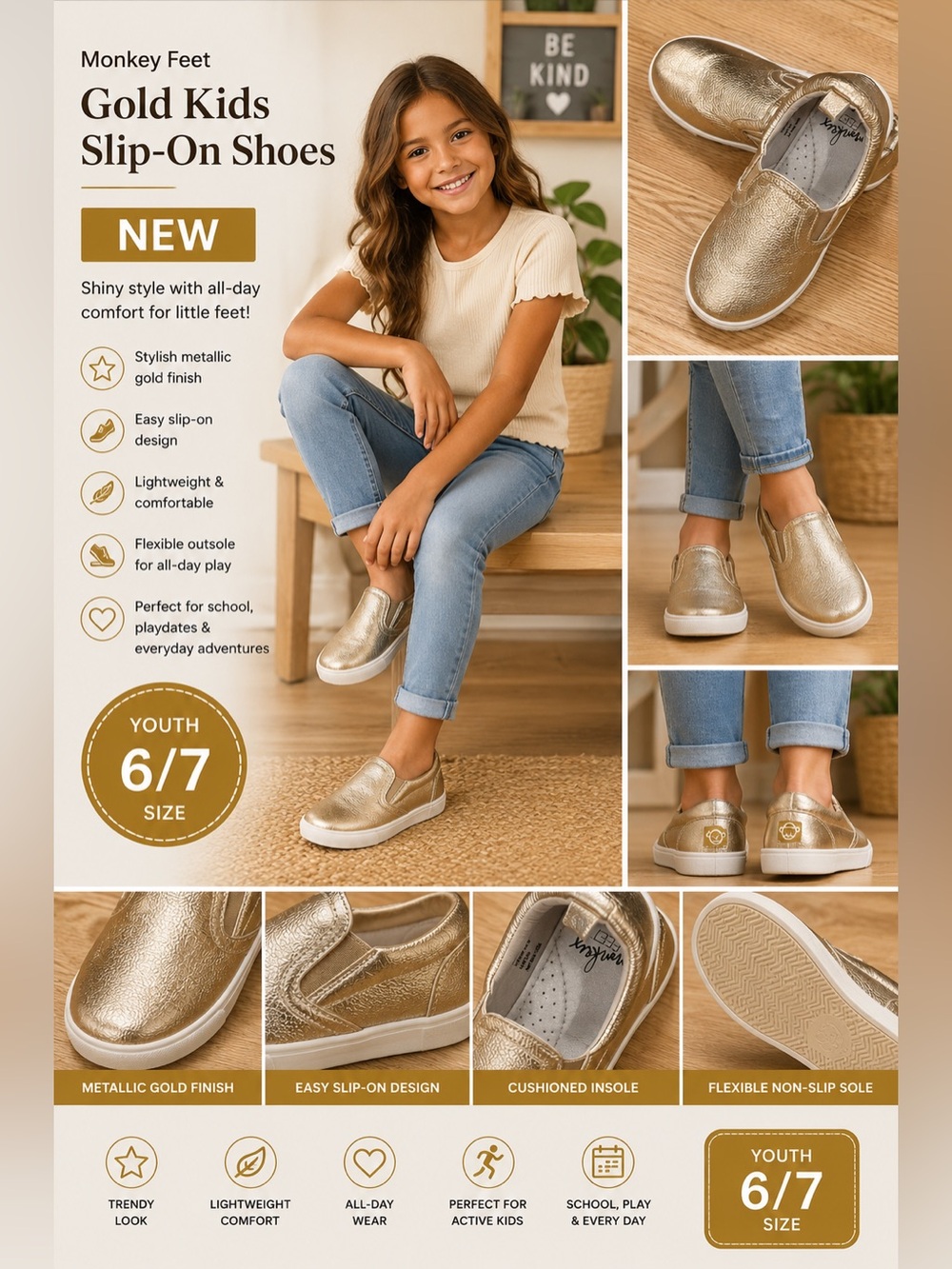 Monkey Feet Gold Kids Shoes Youth 6/7